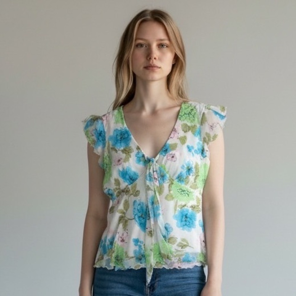 B. Moss Floral Chiffon Blouse Womens Medium Blue Green Y2K Excellent Tie Front